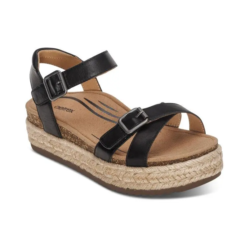 Aetrex Paula Arch Support Platform Sandal - Black | Women's Orthotic Wedge Sandals with Arch Support & Comfort, Cork Platform Sandals, Leather