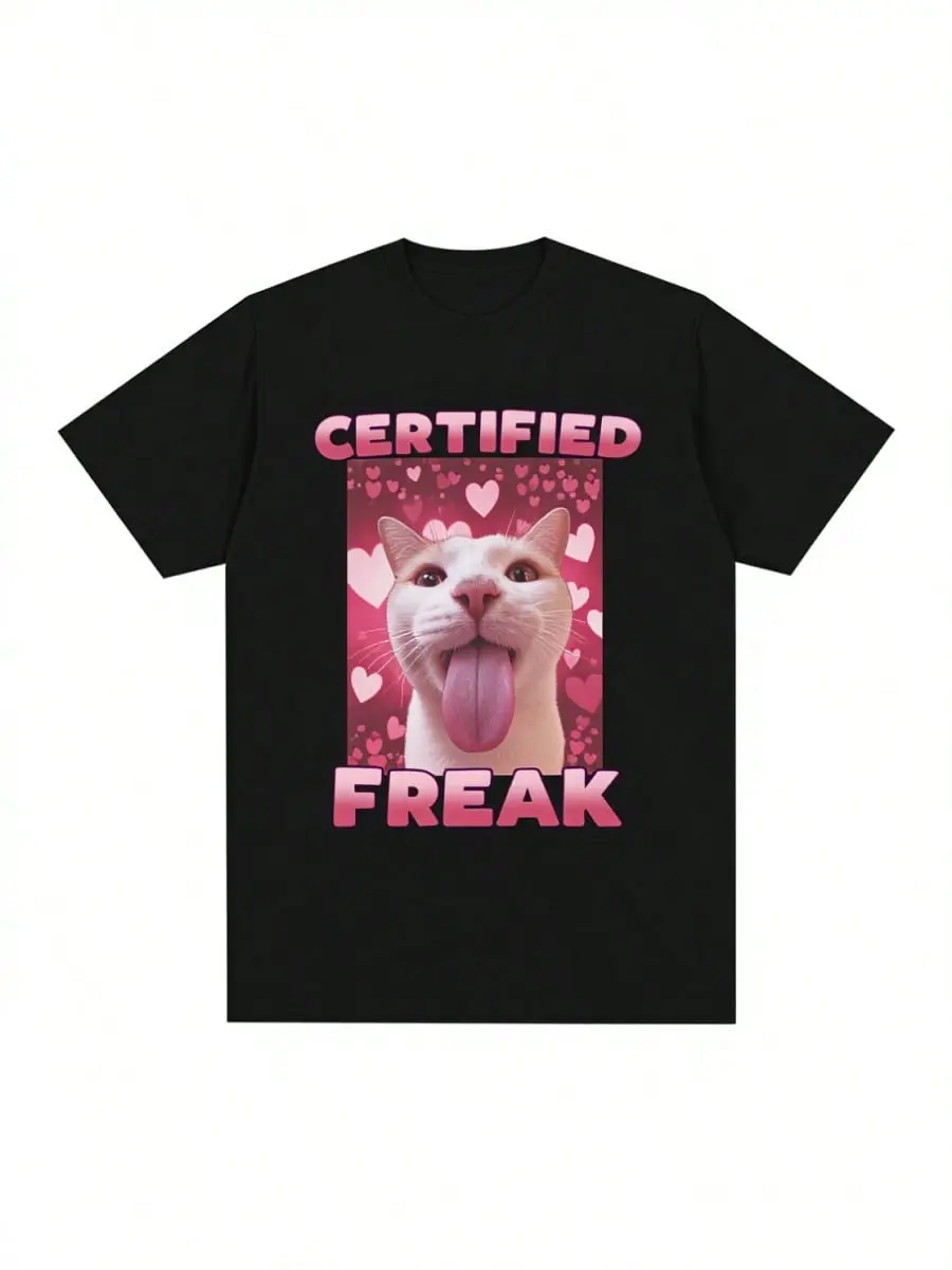 Certified Freak Funny Cat Pattern T-Shirt For Women Fashion Retro Short Sleeve T-Shirt Casual Large Size T-Shirt Valenti