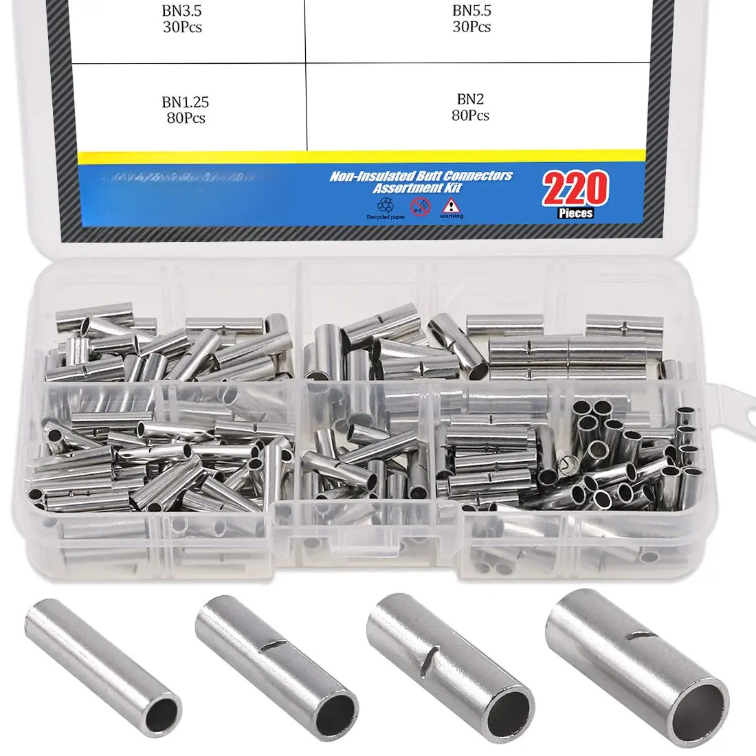 220 count Non-Insulated  Connectors Assortment Kit, 22-16/16-14/14-12/12-10 AWG Gauge Seamless Uninsulated Electrical Wire Ferrule Cable Crimp Terminal Kit for Electrical Splice DIY