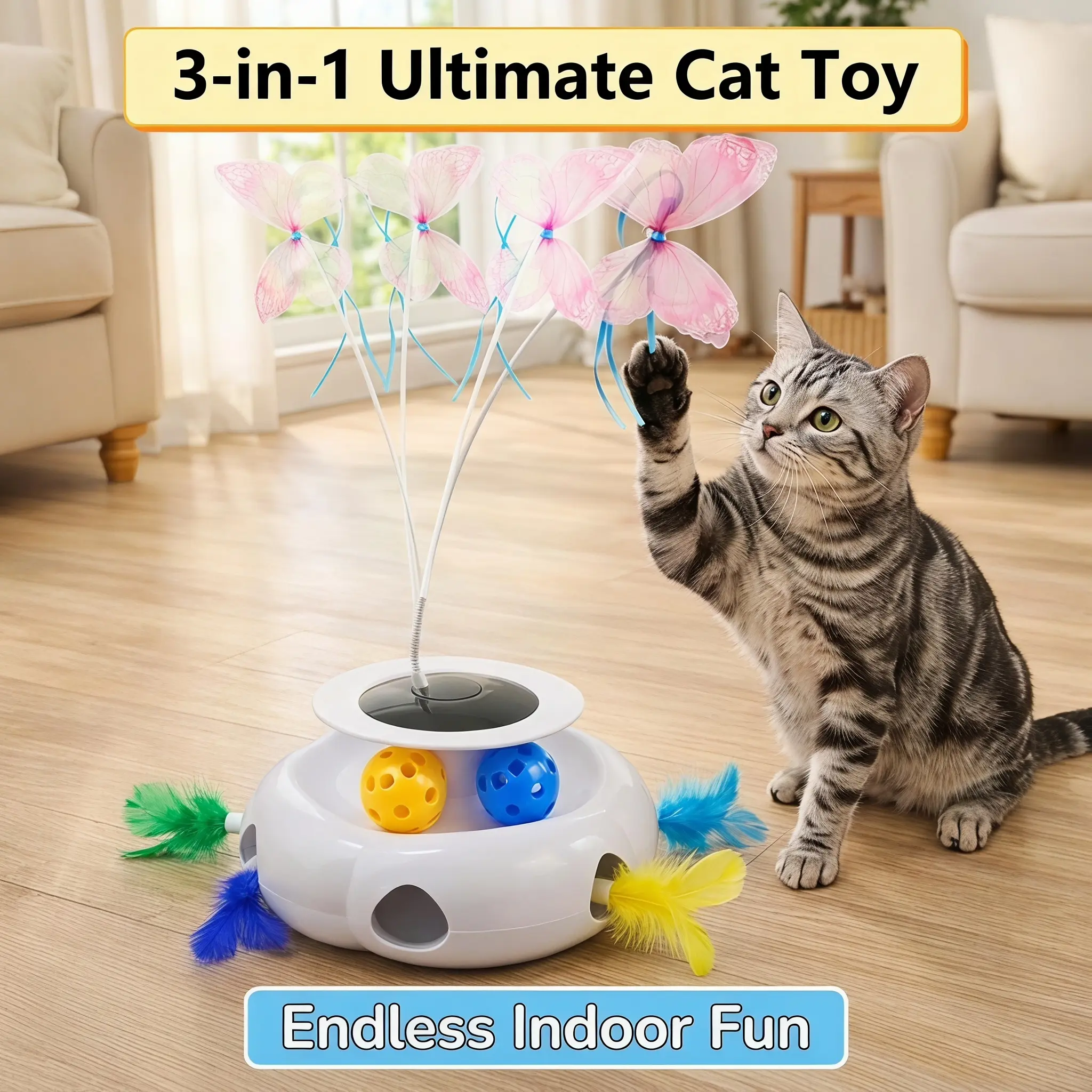 3-in-1 Interactive Cat Toy for Bored Cats, Remote Control Automatic Feather Toy with Rolling Ball Track, Smart Self Moving Cat Toy for Indoor Cats, Keeps Cats Active & Entertained