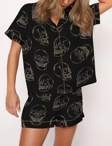 Skull Skeleton, Halloween Gift, Pajama Set Satin For Women, Spooky Season, Fall Shirt, Halloween Shirt, Coquette Ghost Pjs