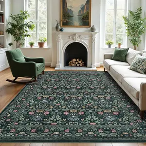 Washable Floral Living Room Rugs, Indoor Vintage Area Rug for Bedroom Decor Low Pile Non Slip Non Shedding Large Floor Rugs for Dining Room Office Stain Resistant Throw Carpet for Home Decor