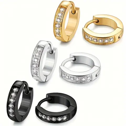 6 Piece Hip Hop Punk Stainless Steel Unisex Cubic Zirconia Hoop Earrings, Fashion Jewelry Set for Men and Women, Punk Style Earrings, Hoop Earring Sets