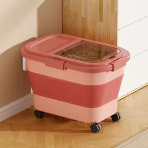 Large Capacity Pet Food Storage Jar with Wheels and Handle, Foldable Sealed Leak-Proof Moisture-Resistant, Includes Measuring Spoon for Cats and Dogs