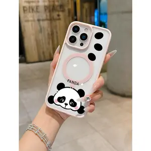 1-piece Cute Panda Face Macaron Pink Magnetic Phone Case for iPhone 11/17 Pro Max, Compatible with Galaxy S25 S24 S23 Ultra. A perfect gift for birthdays, Valentine's Day, or for couples.