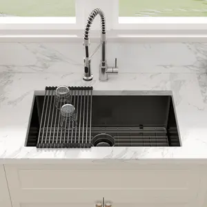 Sarlai 30 x 18 Inch Gunmetal Black Undermount Kitchen Sink Single Bowl Undermount Kitchen Sink 16 Gauge Stainless Steel Kitchen Sink