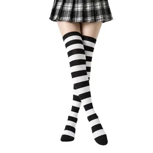 JointlyCreating Women Black & Gray Horizontal Stripe Over The Knee Socks Stretchy Long Thigh High Socks For Daily Outfit Party