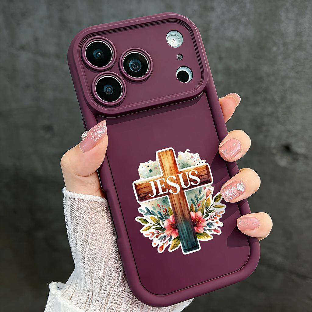 Jesus Floral Cross Phone Case for iPhone 11/12/13/14/15/16/17 Pro Max Plus & 17 Air, Christian Religious Watercolor Shockproof Case TYJT260409024
