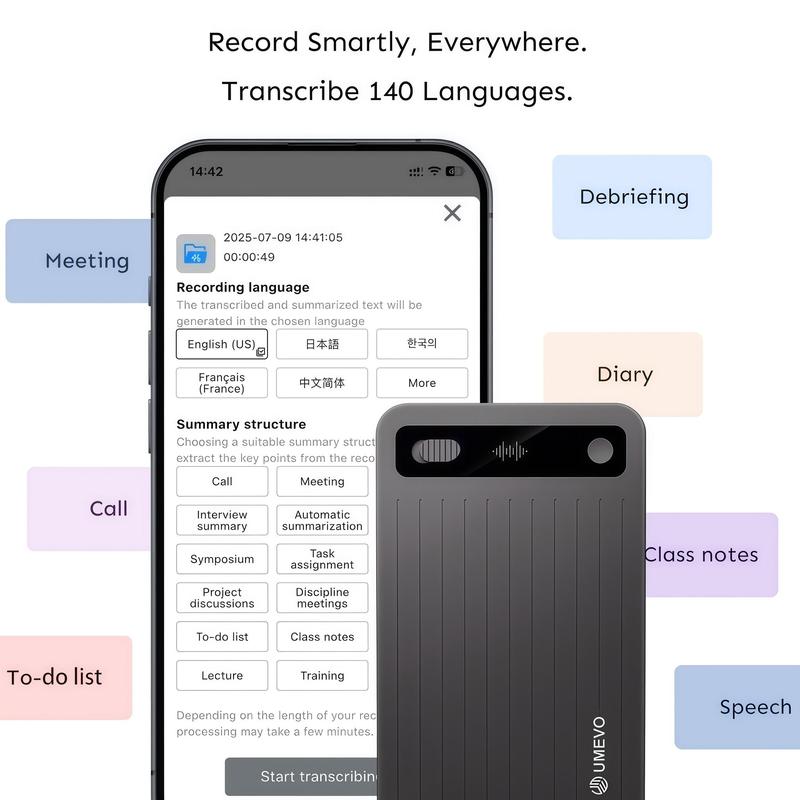AI Voice Recorder with App Control : AI Transcription, Summarization & Mind Maps, Portable AI Note Taking Device with Case 64GB Memory Recording for Calls, Speeches, Meetings, Interviews
