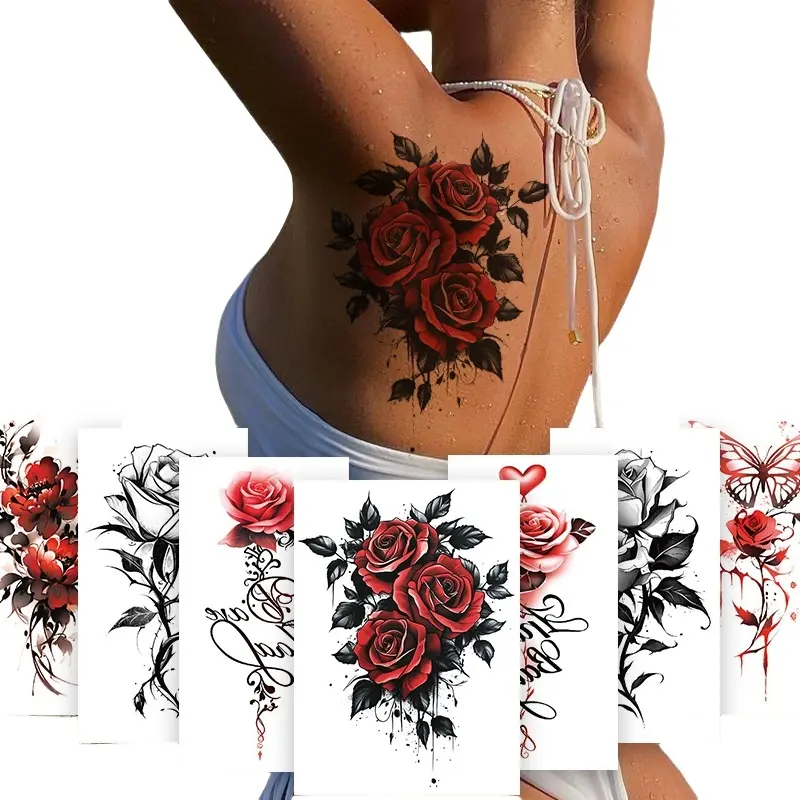 7-Sheet Temporary Tattoo Set for Women, Waterproof Red Rose Flower Fake Tattoos, Long-Lasting Body Art Stickers for Arm, Leg & Chest, Body Fake Tattoos