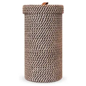 Handmade Cotton & Jute Toilet Paper Holder Woven Freestanding Storage Basket with Lid, Fits 3 Rolls, Bathroom Organizer