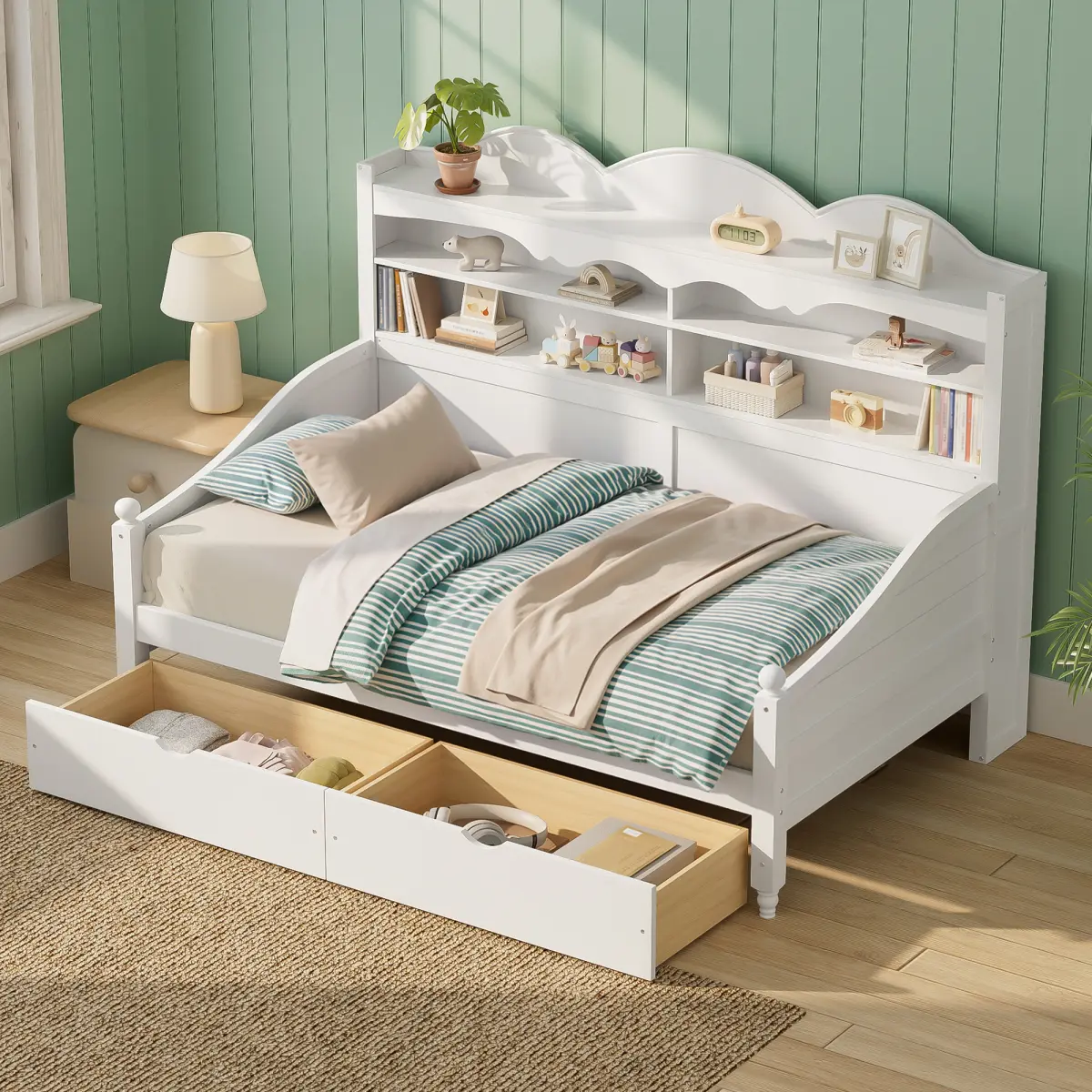 Wooden Retro Twin Daybed Storage Bed Frame - Smooth, Espresso, 79.30in L x 49.50in W x 49.20in H, Hidden Compartments, Headboard Shelving, No Box Spring Needed, Easy Assembly, Space-Saving for Bedroom, Living Room, 130.73 Lbs, Retro Look, Hidden Drawers