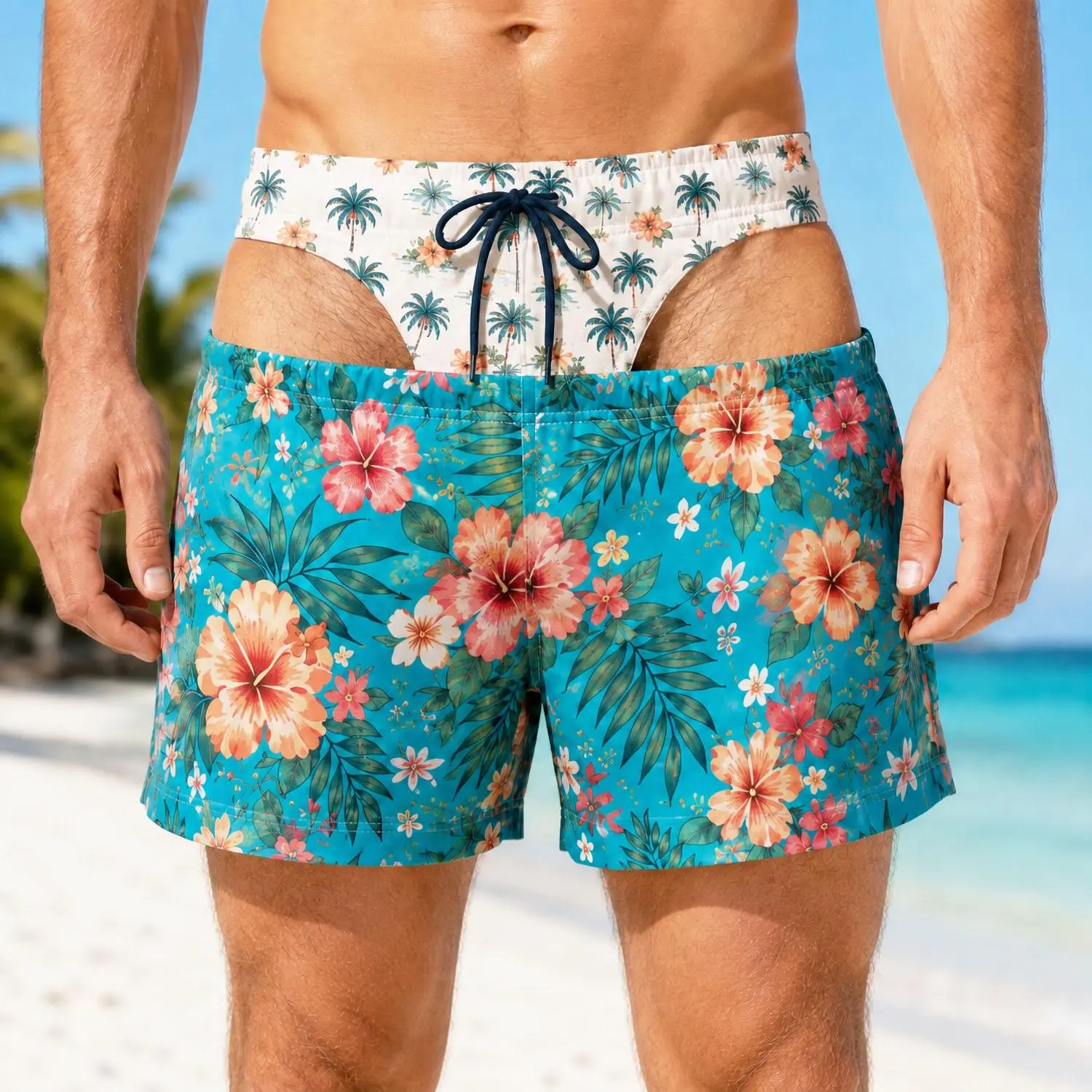 Custom Funny Mens Swim Trunks, Fake Underwear Beach Shorts, Personalized Gag Gift For Him, Fake Butt Bachelor Party Novelty Swimwear Floral