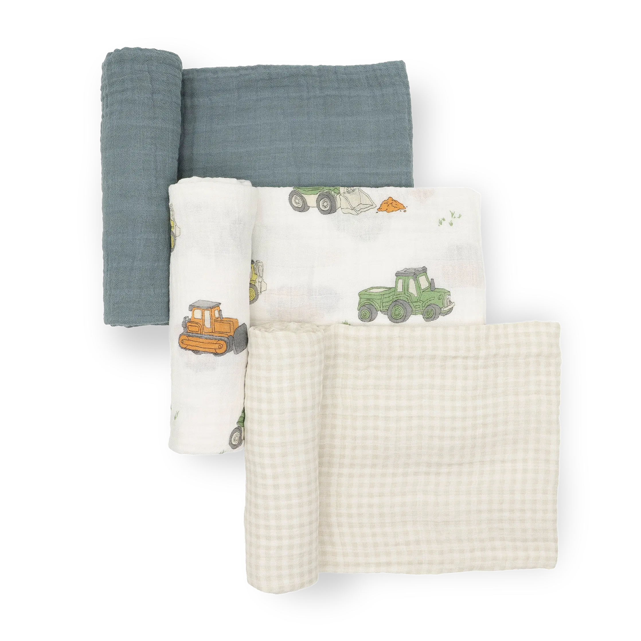 Cotton Muslin Swaddle Blanket 3-Pack - Cuddle Blanket for Work Truck Themed Nursery, Soft Bedding Linen Throw