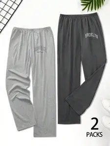 Men's Plaid Pajama Pants Set with Letter Print and Elastic Waist, Casual Loose-Fitting Fall & Winter Sleepwear Loungewear, 2 Piece