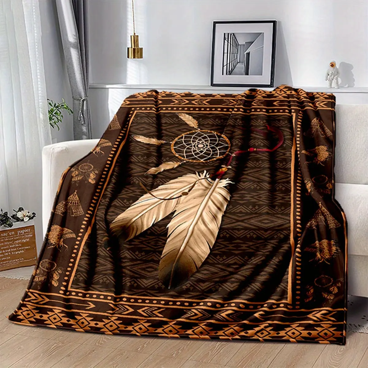 Indian Tribal Feather Design Flannel Blanket - Soft Polyester Sofa Chair Cover for Living Room and Bedroom Decor - Large Picnic and Nap Blanket with 3D Feathers and Dream Catcher Prints.