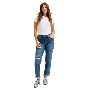 Judy Blue Mid Rise Boyfriend Embroidered Repair Patch Jeans