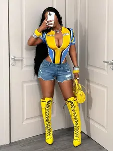 Women's Racing Stripe Print Jumpsuit, Half Zip Short Sleeve High Split Bodycon Fitted Romper, Streetwear Party Club Vintage Cool Womenswear