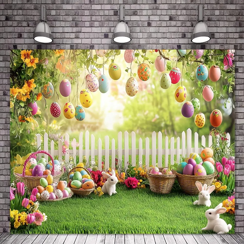 Easter Egg & Rabbit Pattern Polyester Backdrop - 1-Count Colorful Party Pull Flag Banner, Indoor/Outdoor Party Decoration Supplies, Various Sizes Ornaments