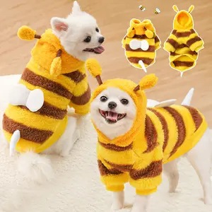 Small Cat Dog Bee Costume Clothes Autumn Winter Pet Clothing Fleece Warm Dog Coat Cat Apparel Two-Piece Set Small Bee Wings