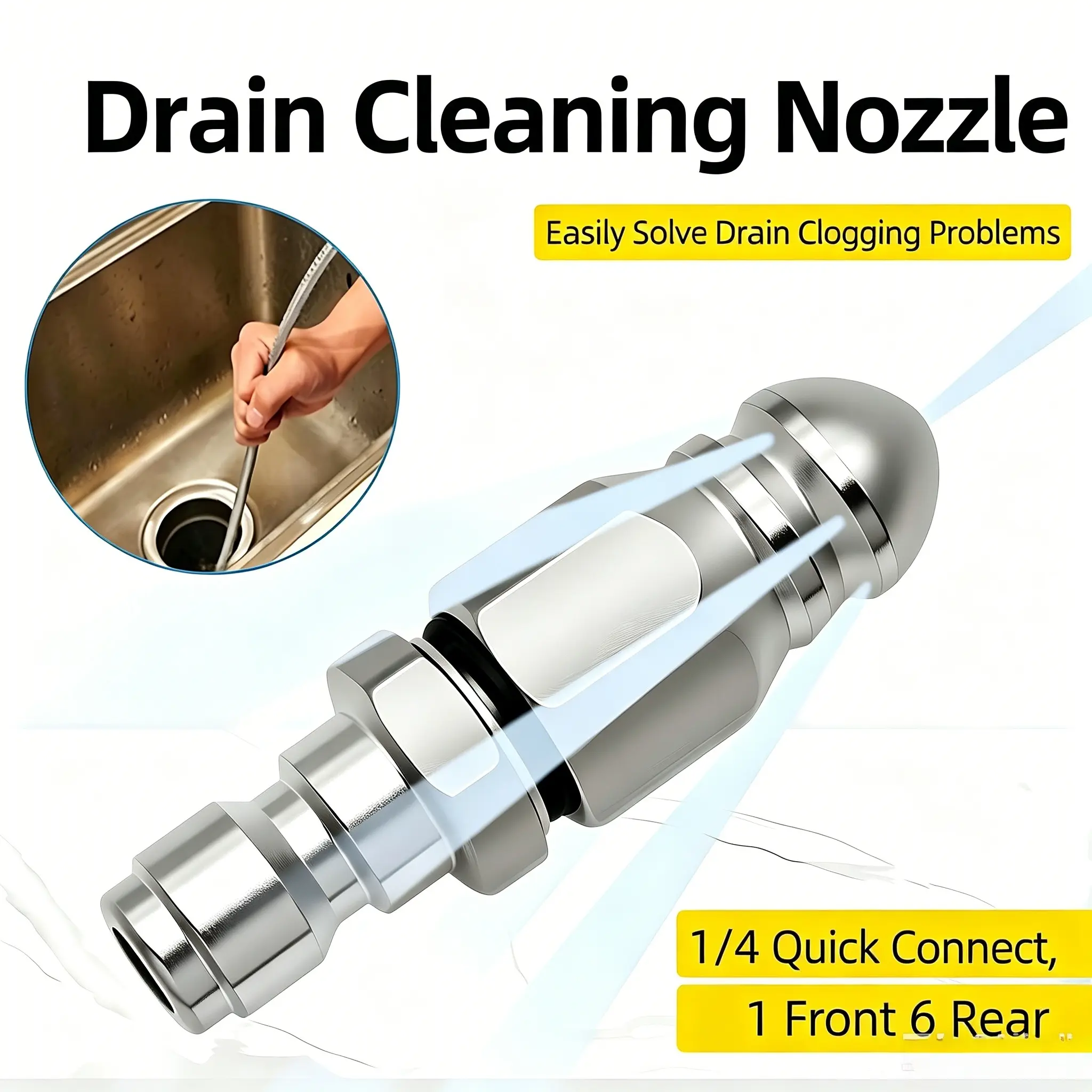 Washer Sewer Jetter Nozzle with Stainless Steel, Mini Compact Durable Sewer Jet Nozzle,Pressure Drain Jetter Hose Nozzle,1/4'' Quickly Connector, 5000 PSI