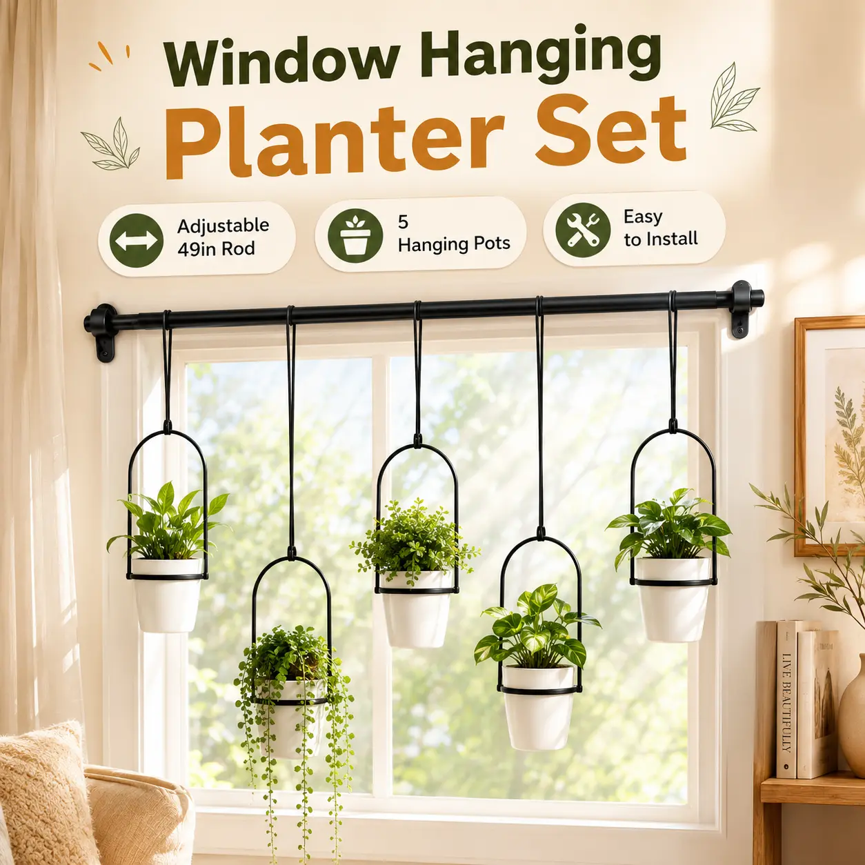 Window Hanging Planter Set, 49 in Adjustable Rod with 5 Hanging Pots, Wall Mounted Plant Holder for Indoor Window Balcony Patio Decor