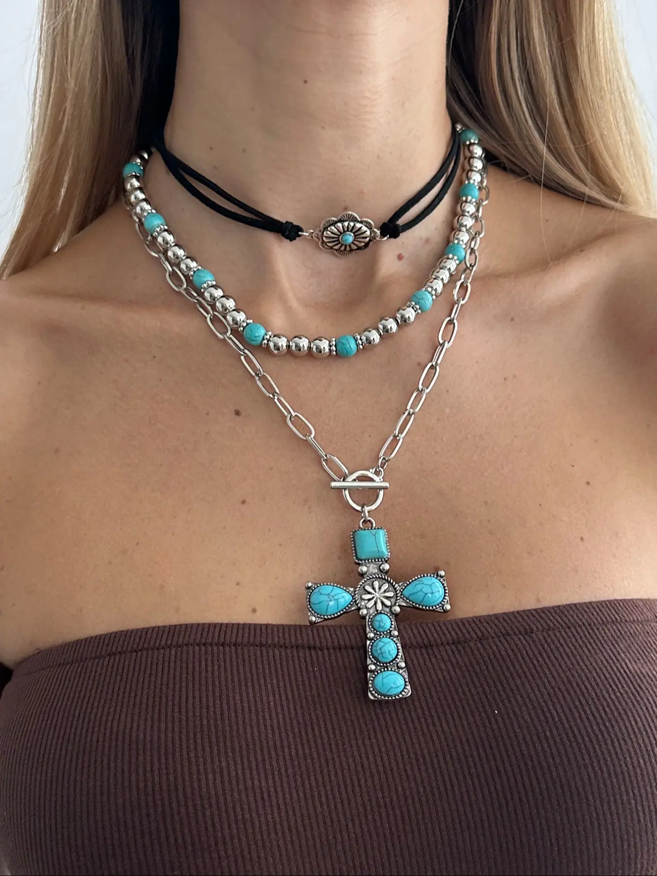 3 Piece Ethnic Style Faux Turquoise Acrylic Beaded Cross Pendant Necklace, Faith Necklace, Vintage Cross Clavicle Chain, Boho Style, All Seasons, Cross Necklaces, Necklace Set