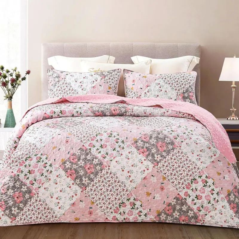 Reversible Patchwork Microfiber Bedding Quilts - Cotton, Durable Flat Weave Bedspreads Coverlets, Lightweight Boho Printed, Queen Set with 2 Pillow Shams, King Size Compatible, Twin Size with 1 Sham, Soft All-Season Textiles, Machine Washable