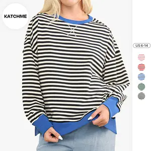 KatchMe Women's Casual Crew Neck Stripe Color Matching Long Sleeve Loose Sweatshirt, Minimalist Lady's Top for Fall & Winter, Fashion Comfort Outfits