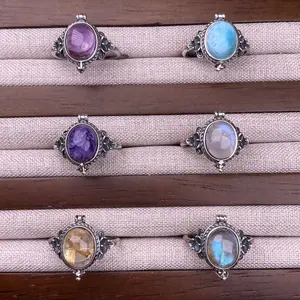 Natural Crystal Larimar Amethyst  Moonstone Labradoriate Vintage Jewelry  Sterling Silver Ring for Women, Boho Statement  Large Stone  Gemstone Ring Bohemian Jewelry Box Shape Retro Kawu Style Ring