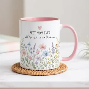 Personalized Mom Mug with Kids Names, Custom Mom Floral Coffee Cup, Mother’s Day Gift, Gift for Mom