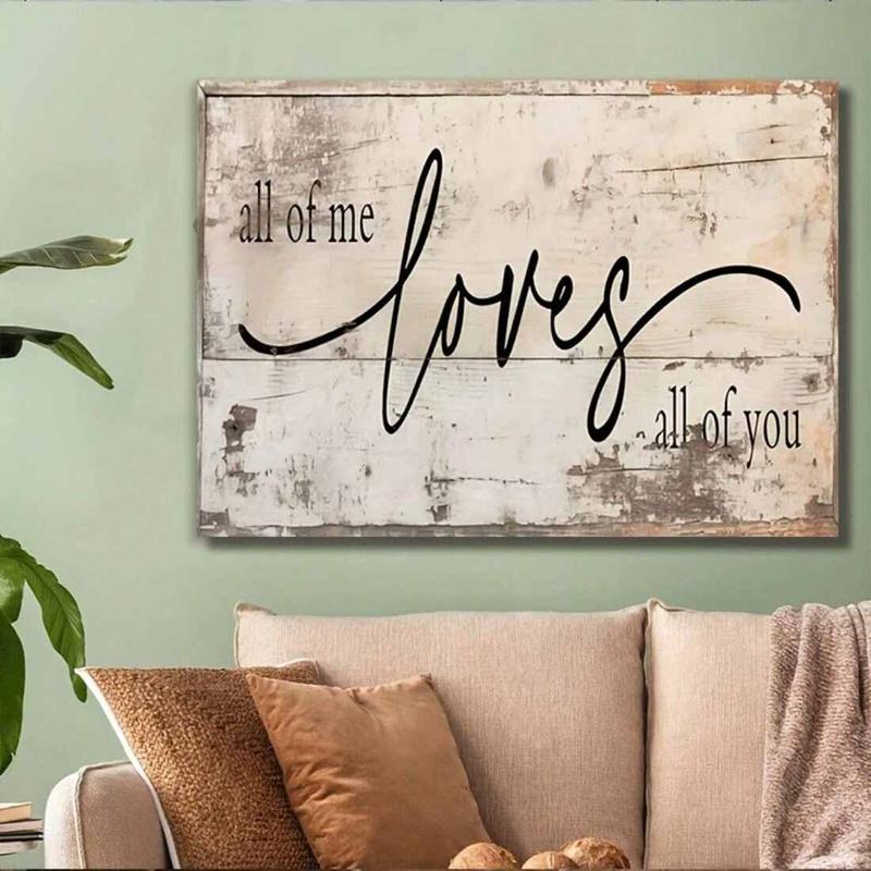 Rustic Farmhouse Style Love Quote Canvas Wall Art Decor, "All Of Me Loves All Of You" Distressed White Wood Plank Print for Bedroom Living Room Home Decoration, Horizontal Sentimental Artwork Gift Ornaments