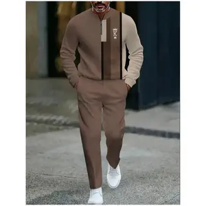 2-piece European and American men's brown coffee contrasting sports suit |   Half open collar, striped splicing design |   Breathable and comfortable |   Suitable for daily and weekend casual street style