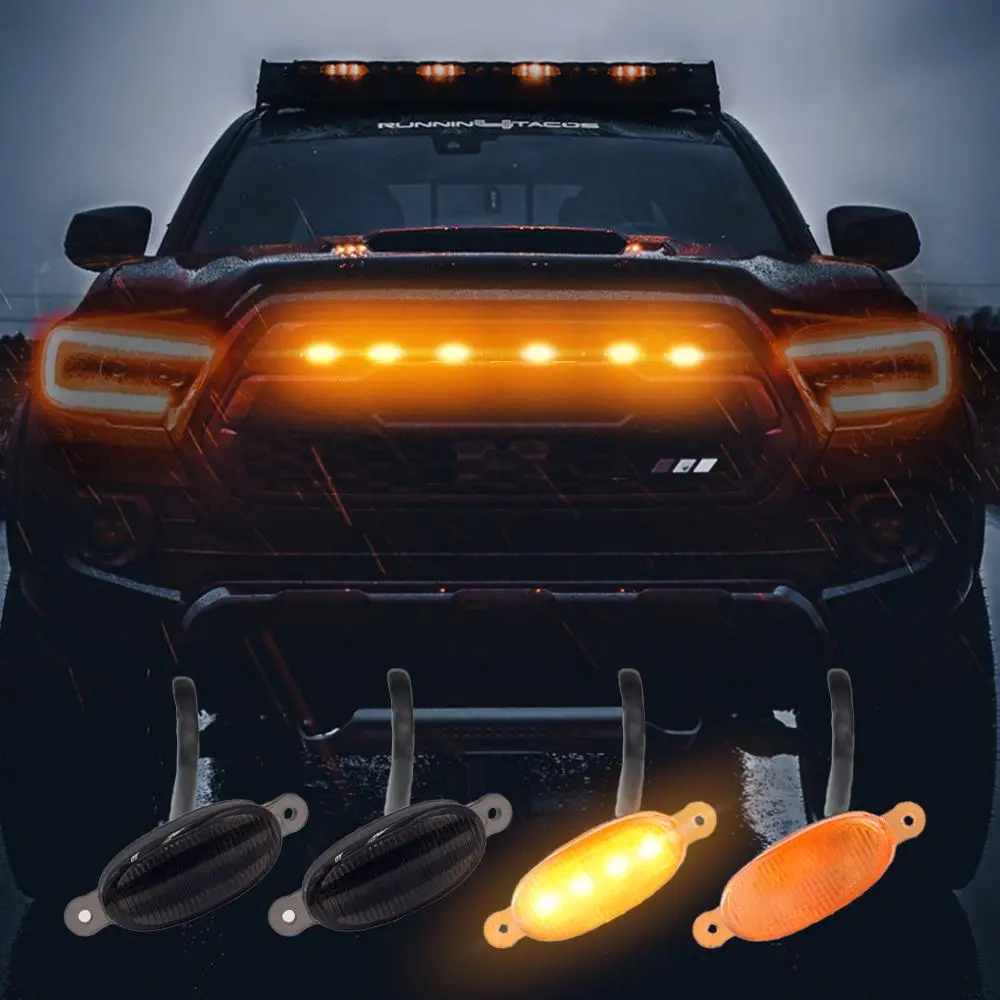 LED Front Grill Light with Wiring Harness, Amber & Smoked Lens, 4 Counts/set Car Grid Decorative LED Light, Automotive Car Light, Light Bar Car, Car Accessories, Led Lights Car, Compatible with Ford F150 Raptor 2004-2019 & Dodge RAM 1500 2013-2018