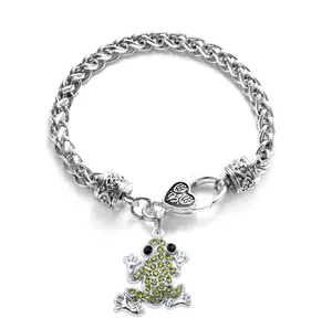 Inspired Silver - Green Frog - Silver Braided Bracelet for Women - Unique Charm Bracelet Jewelry Gift - Womens Charm Bracelet with Lobster Claw Clasp