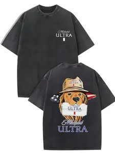 1pc Men'S Casual Cotton T-Shirt with Little Yellow Duck Graphic, 230g Heavyweight Acid-Washed Fabric, Oversized Loose Fit, Dropped Shoulder, Ribbed Crew Neck, Short Sleeves, Knitted - Unisex Retro Streetwear Top for All Seasons