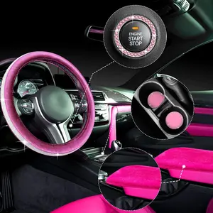 5-Piece Bling Car Accessories Set - Crystal Diamond Steering Wheel Cover, Faux Fur Auto Center Console Pad, Cup Holders, Rhinestone Ring Sticker for Car Decor (Hot Pink)