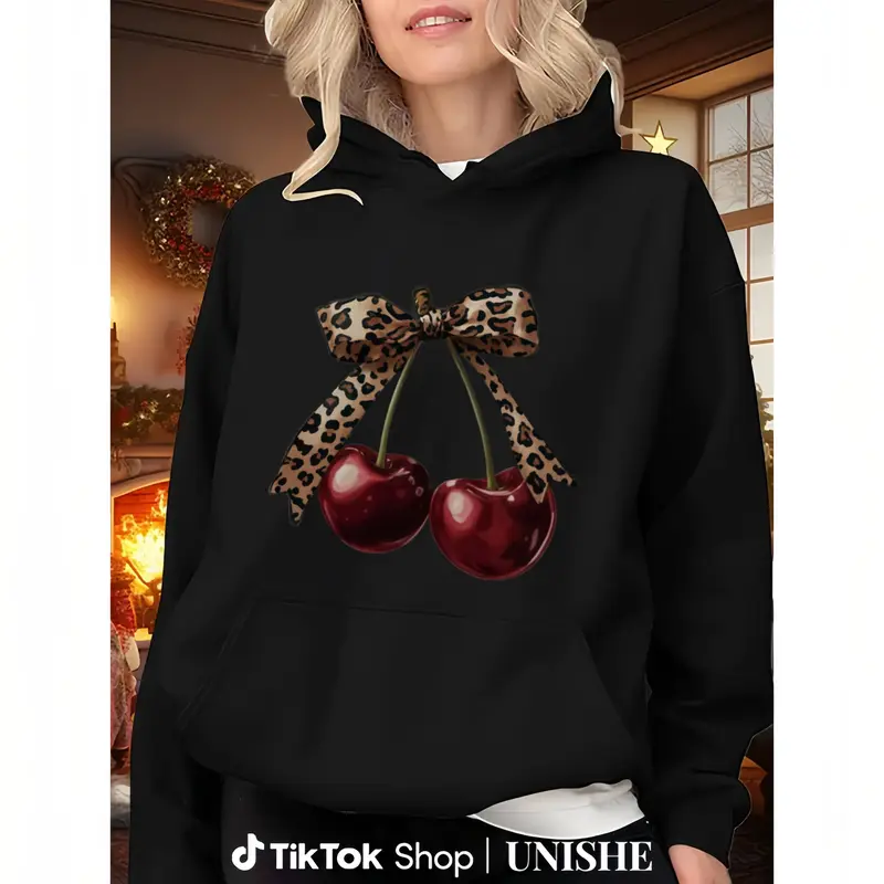 Women’s Fashion Forward Hoodie – Breathable Black Long Sleeve with Cherry Leopard Bow Print