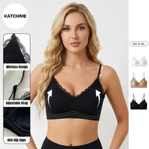 Katch Me Chic Women's Elegant Lace Trim Adjustable Thin Strap Wirefree Push-Up Bra, Soft Back Smoothing Bra, Simple Style Solid Color Bralette for Daily Wear