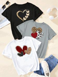 women's heart print round neck tee, casual short sleeve crew neck t-shirt for daily wear, ladies sportswear for all seasons, top