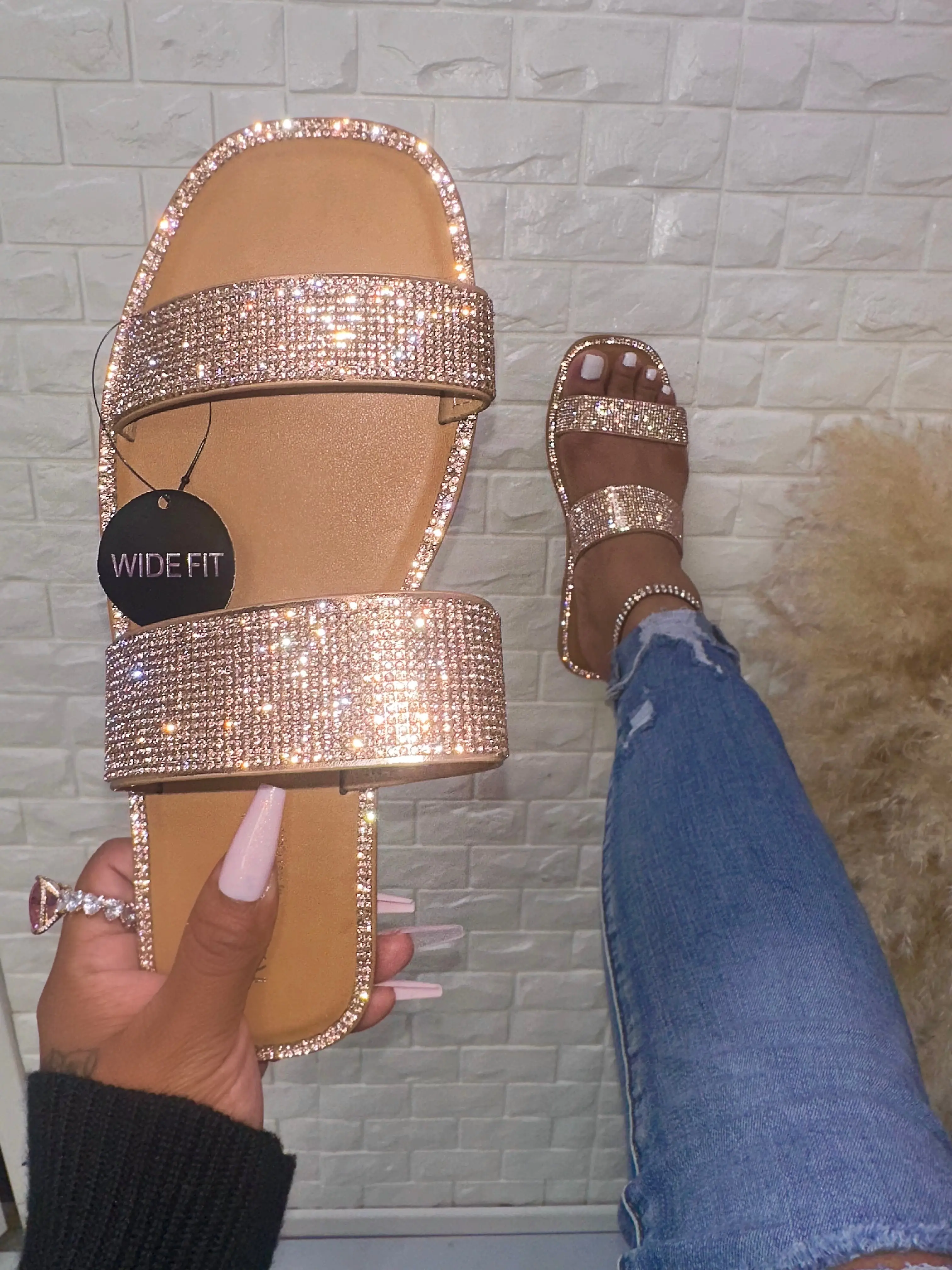 Women's Wide Width Livi Double Strap Sandals - 5 Colors, Bedazzled Sparkle, True to Size, Stylish Dressy Summer Footwear, Party Footwear, Women's Shoe