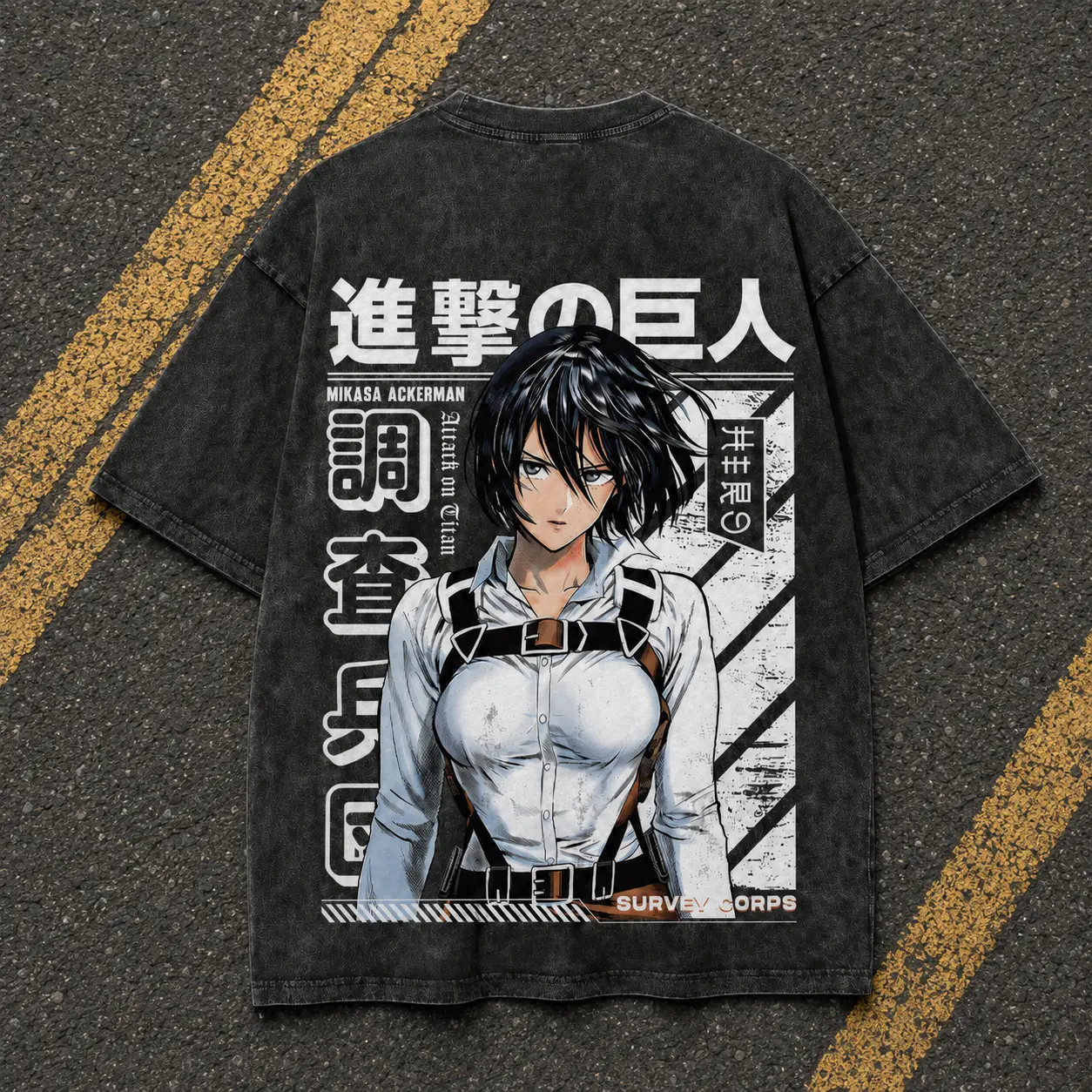 Mikasa Ackerman Attack on Titan Washed Oversized T-Shirt | AOT Anime Graphic Tee, Survey Corps Vintage Manga Streetwear Shirt