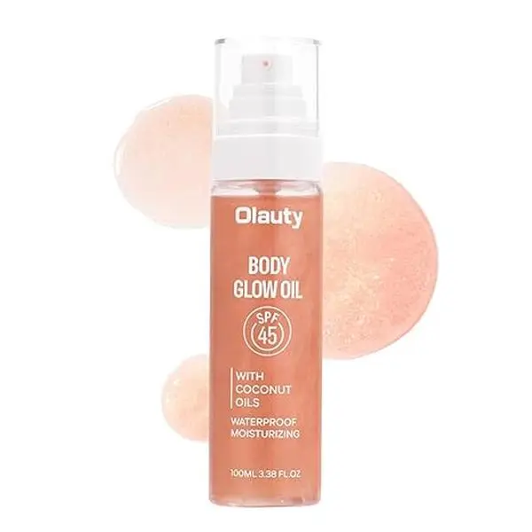 Silky Body Care Glow Body Oil SPF 45 - Broad Spectrum, Waterproof, Non-Sticky Lightweight Moisturizer with Coconut & Olive Oils, Fast-Absorbing for Moisture-Rich Hydrating Shiny Skin, Cosmetic, Sun Protection, Pearlescent, Sunshine Glow, Beach Days, Build
