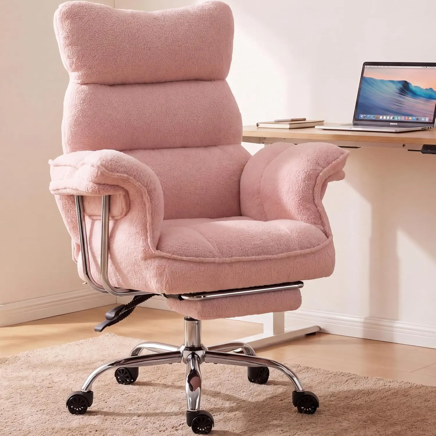 [DealsForYouDays] Big and Tall Office Chair, Ergonomic Desk Chair with Thick Cushion, Wide Seat & Armrests Computer Gaming Chair,High Back Reclining Teddy Fleece Criss Cross Chair with Foot Rest for Dressing table, balcony, office