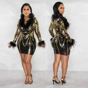 Mya Sequin/Feather Overlay Mini Dress Black