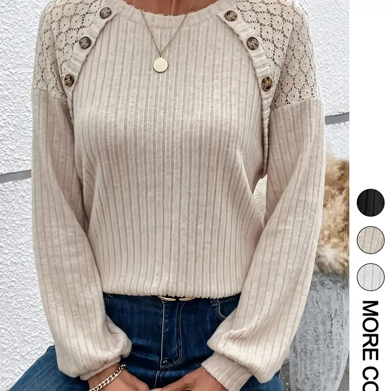 【Black Friday】Women's Contrast Floral Lace Button Decor Ribbed Tee, Casual Chic Minimalist Drop Shoulder Long Sleeve Round Neck Fitted Top for Spring & Fall, Fashion Daily Wear Tops for Ladies