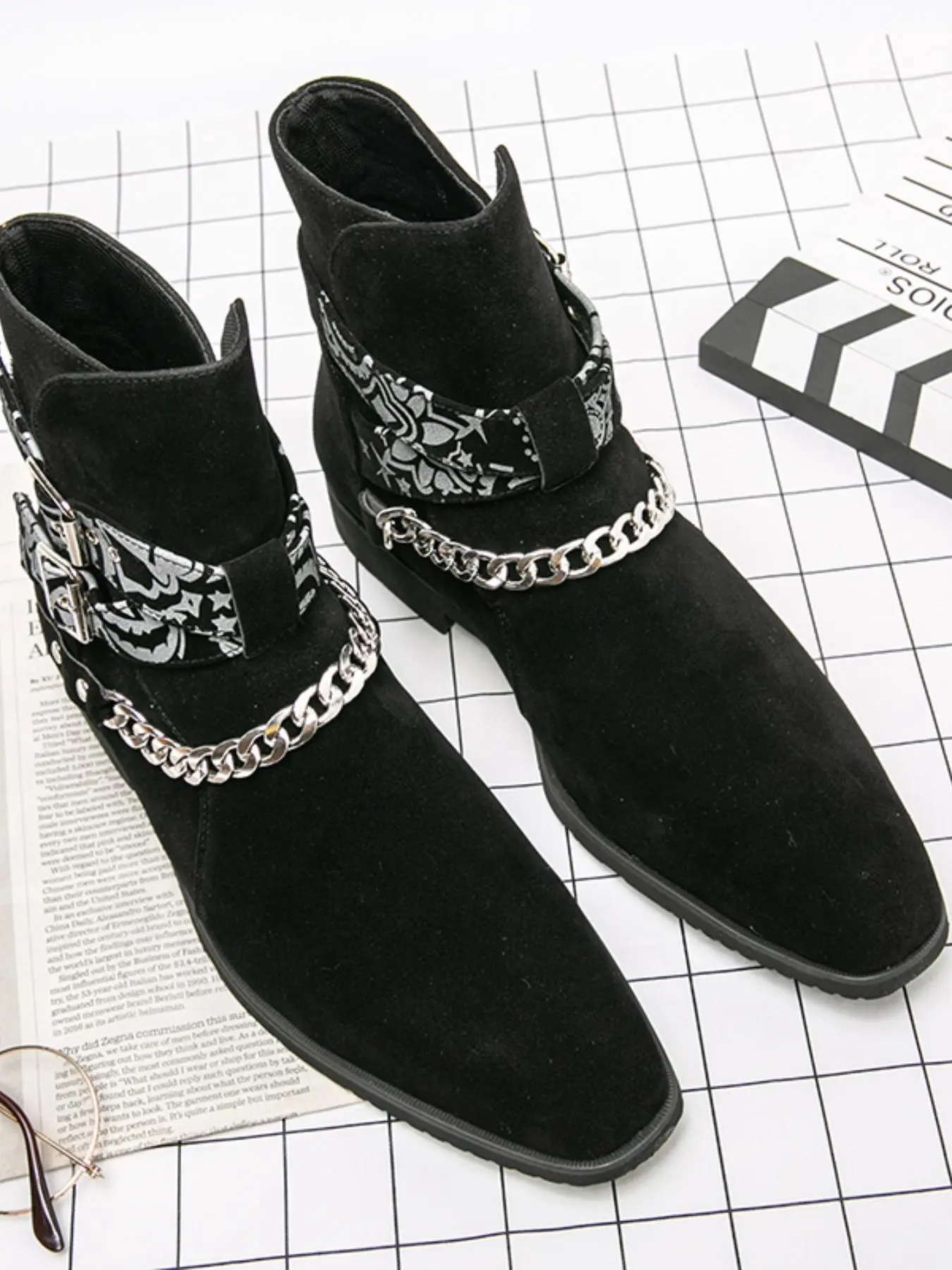 Men's Fashionable Chain Decorated Boots, Casual Comfortable Closed PU Leather Boots for Daily Wear, Fashion Shoes for Party, Daily Clothing Decor for Men, Boy, Footwear, Ankle Boots
