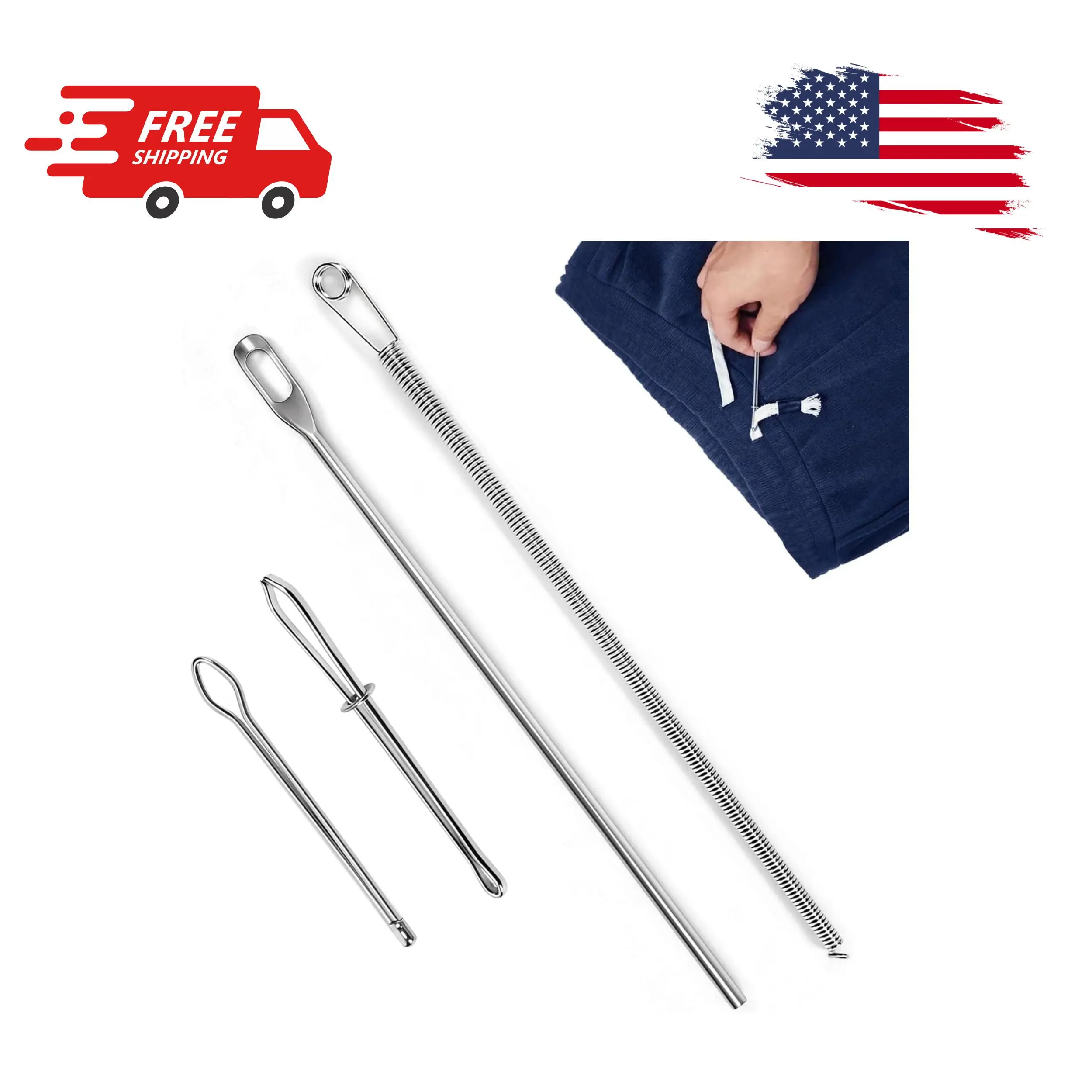 4Pcs Drawstring Threader Tool, Stainless Steel Threading Tool Kit with Spring-Loaded Tweezers & Safety Pins for Hoodies, Shoes, Pants