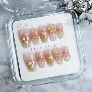 Reva Studio | Short Coffin Collection | Handmade 100% Acrylic | Soft Nude Color Press-on Nails | Reusable nails | Nail charm | acrylic press-on  | fake nails | nail art | high quality press on nails | nail collection | Uñas postizas