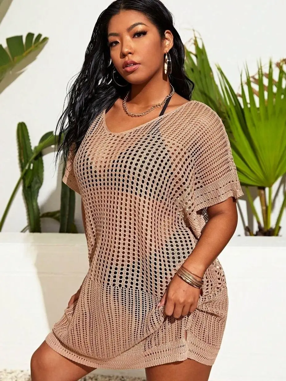 Plus Size Hollow Out Split Thigh Cover Up, Sexy See-Through Summer Beach Dress